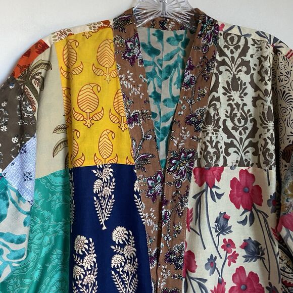 Unisex Patchwork Bagru Print Kantha Cotton Long Kimono OS House Robe Reversible - Picture 6 of 9